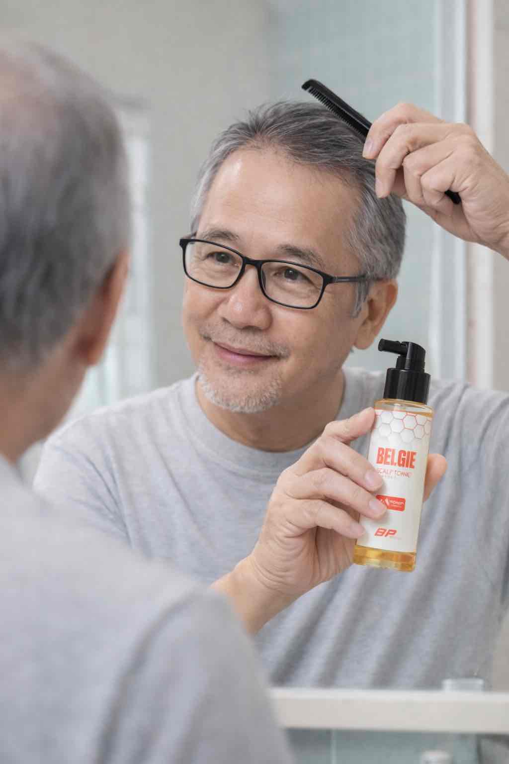 Model menggunakan Belgie Hair Tonic