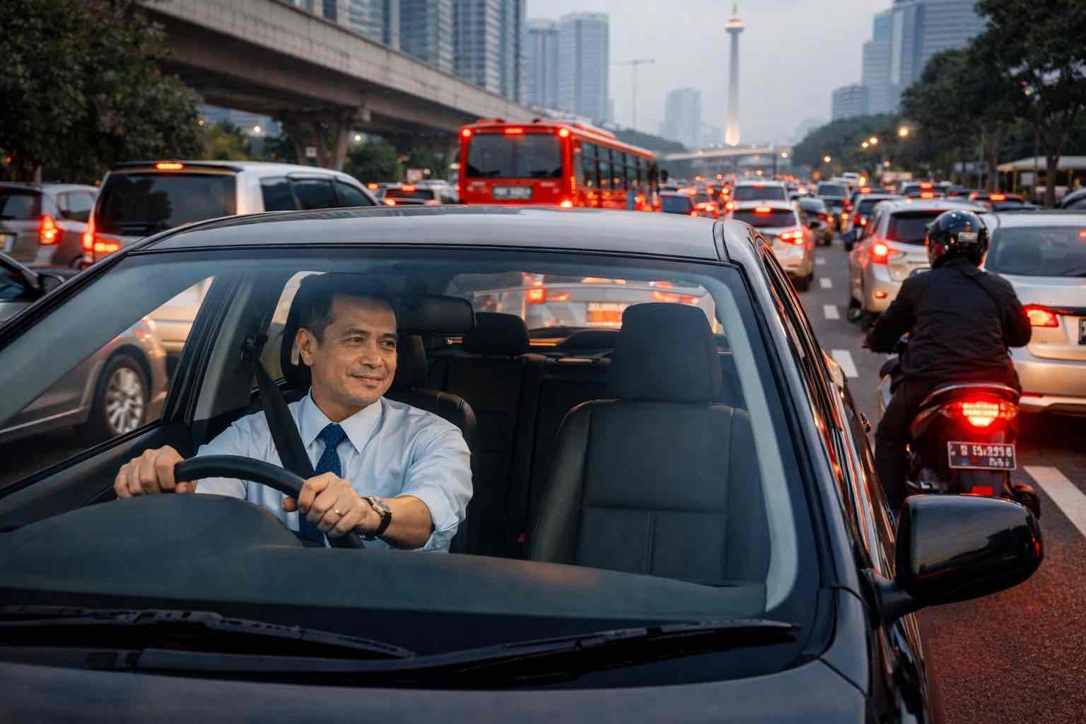 Pria bersemangat di tengah kemacetan, penuh energi dan stamina